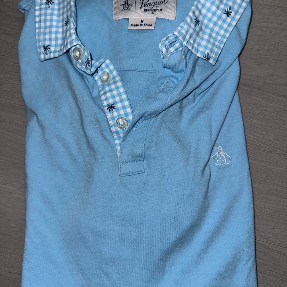 Penguin Sky Blue Polo Shirt with Checkered Collar